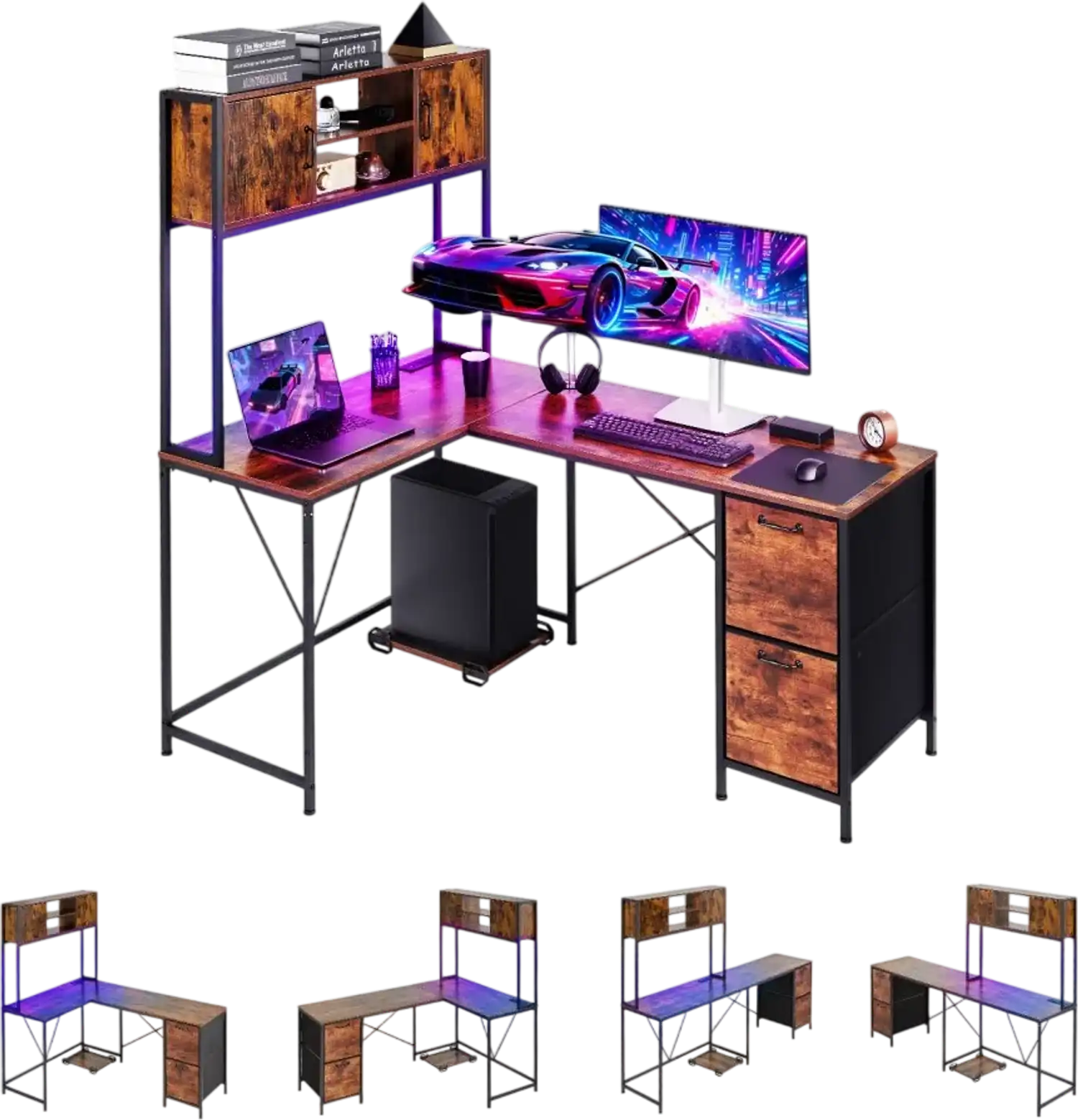 Vevor Gaming Desk L-Shaped LED Corner Computer Desk 62.2