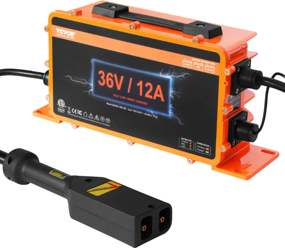 VEVOR 36 Volt Golf Cart Battery Charger, 12 AMP, Smart Battery Charger with D-Style Plug, Compatible with Lead-Acid AGM/GEL/EFB MF NMC LiFePO4 Batteries for EZGO TXT, IP67 Waterproof ETL Certified