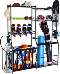 VEVOR Golf Storage Garage Organizer, 2 Golf Bag Storage Stand Holder and Other Sports Equipment Storage Rack, Outdoor Steel Ball Cart, Sports Gear and Toys Storage Shelves with Baskets & Hooks, Black