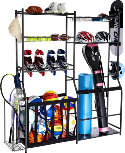 VEVOR Golf Storage Garage Organizer, 2 Golf Bag Storage Stand Holder and Other Sports Equipment Storage Rack, Outdoor Steel Ball Cart, Sports Gear and Toys Storage Shelves with Baskets & Hooks, Black