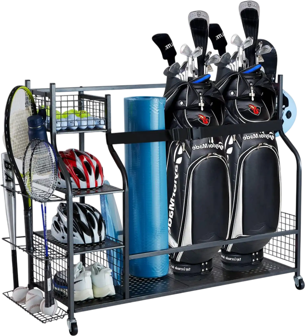 VEVOR Golf Storage Garage Organizer, 3 Golf Bag Stand Holder and Other Sports Equipment Storage Rack, Rolling Ball Cart on Wheels, Outdoor Sport Gear and Toy Storage with Baskets & Hooks, Steel, Black