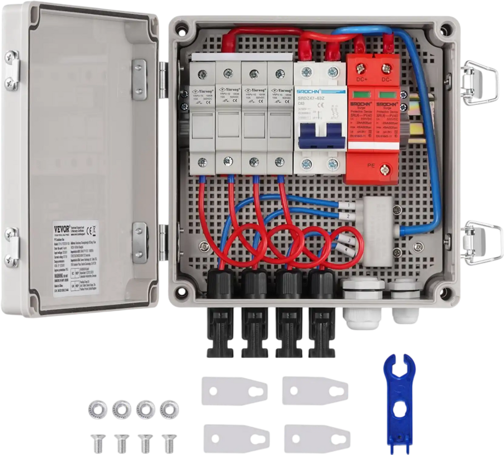 VEVOR PV Combiner Box, 4 String, Solar Combiner Box with 10A Rated Current Fuse 63A Circuit Breaker Lightning Arrester and Solar Connector, ABS Plastic Case for On / Off Grid Solar Panel System, IP65