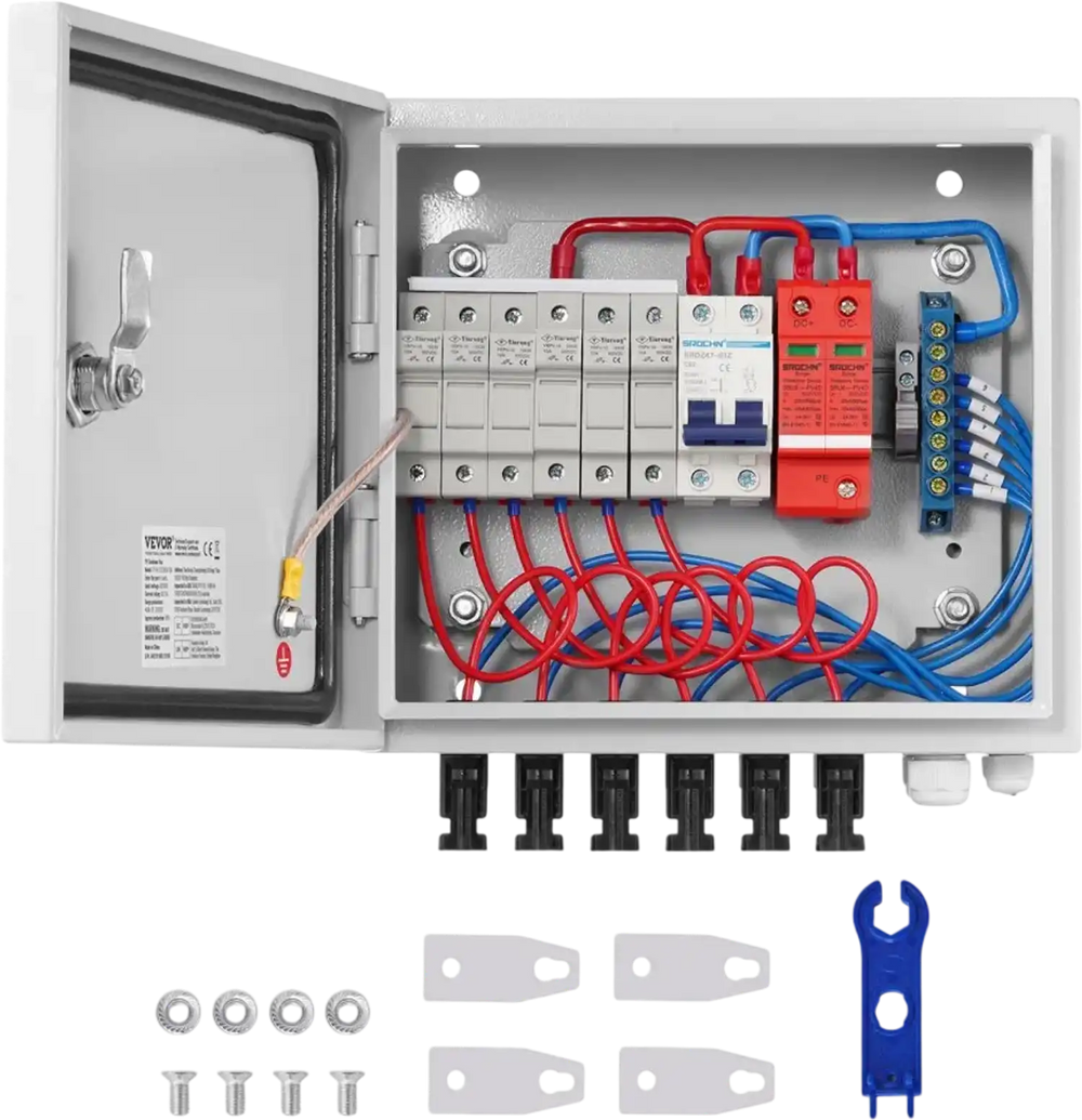 VEVOR PV Combiner Box, 6 String, Solar Combiner Box with 15A Rated Current Fuse 125A Circuit Breaker Lightning Arrester and Solar Connector, Steel Case for On / Off Grid Solar Panel System, IP65