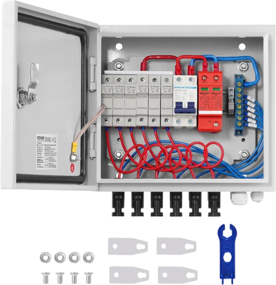 VEVOR PV Combiner Box, 6 String, Solar Combiner Box with 15A Rated Current Fuse 125A Circuit Breaker Lightning Arrester and Solar Connector, Steel Case for On / Off Grid Solar Panel System, IP65