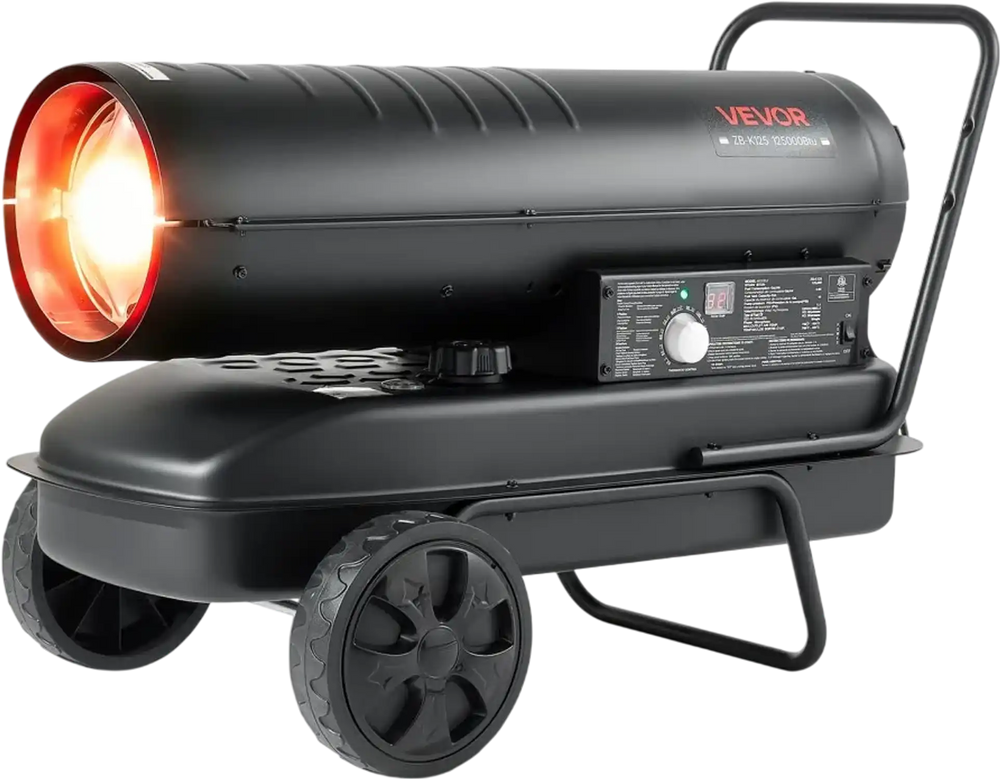 VEVOR Forced Air Kerosene Heater, 125000 BTU Diesel Torpedo Space Heater, for Garage, Warehouse, Workshop, Job Site, Construction, Flexible Move with Wheels & Thermostat Control, Carbon Steel, Black