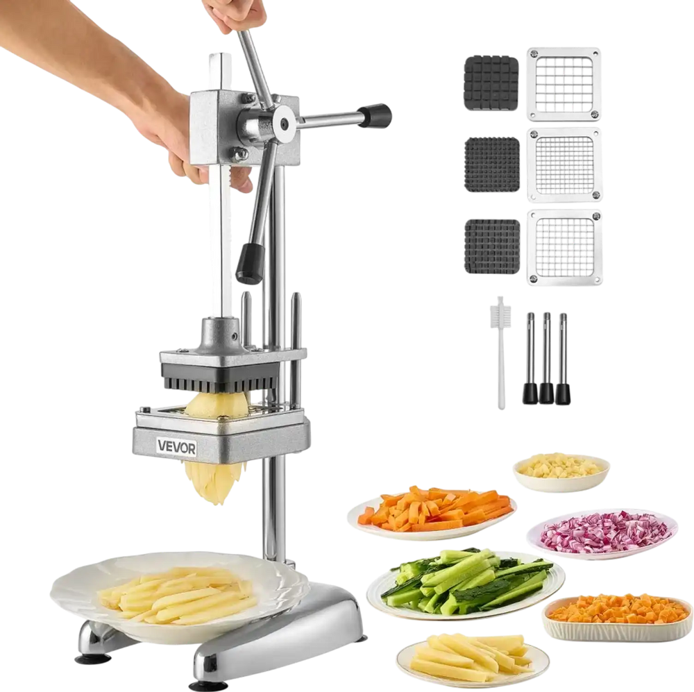 VEVOR Commercial French Fry Cutter, Stainless Steel Vegetable Fruit Chopper with 3 Replacement Blades 1/2-Inch 3/8-Inch 1/4-Inch, Manual Potato Slicer Dicer for Restaurants & Home Kitchen