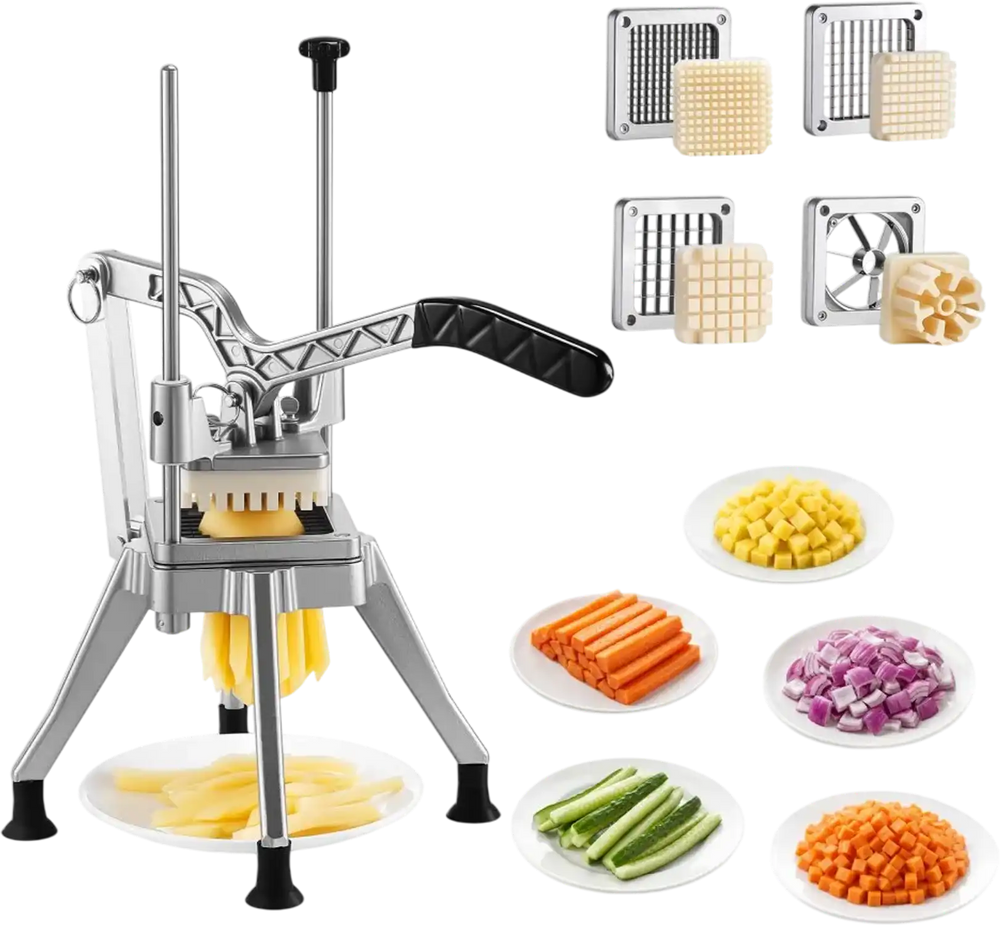 VEVOR French Fry Cutter, Commercial Vegetable Chopper with 4 Blades (1/2", 3/8", 1/4" & 6-Wedge with Corer), Lever Stainless Steel Potato Slicer for Home Thick, Regular & Thin Fries Cut, Onion, Fruit
