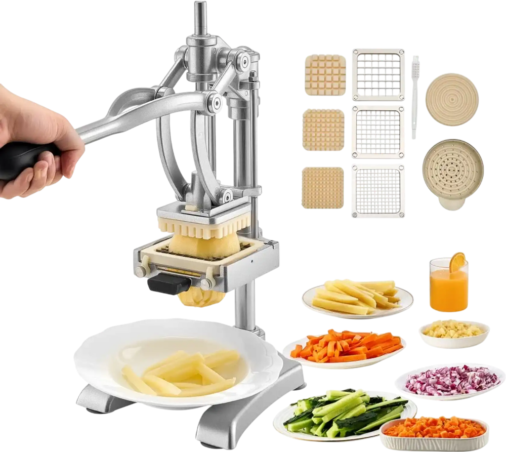 VEVOR Commercial French Fry Cutter, Stainless Steel Vegetable Fruit Chopper with 3 Replacement Blades 1/2-Inch 3/8-Inch 1/4-Inch, and a Juicing Blade, Manual Potato Slicer Dicer for Restaurants & Home