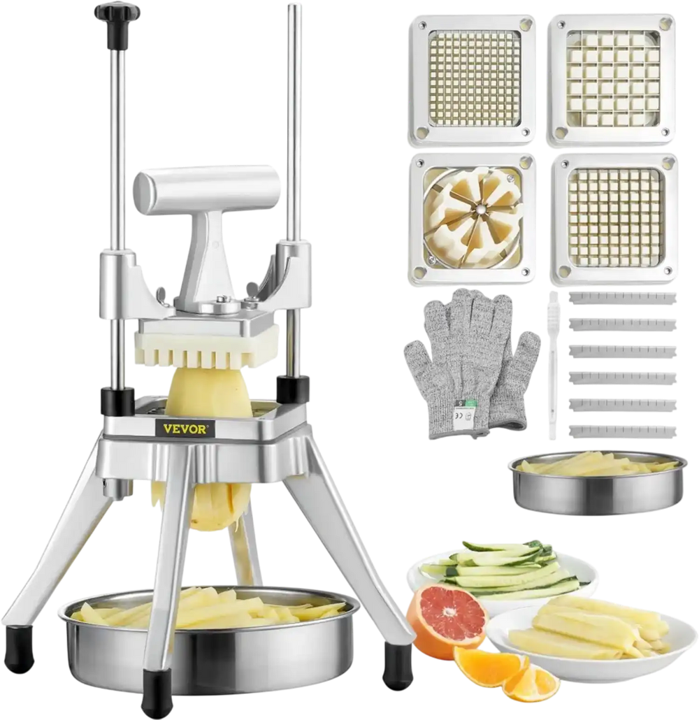 VEVOR Commercial Vegetable Fruit Chopper, Stainless Steel French Fry Cutter with 4 Blades 1/4" 3/8" 1/2", 6-wedge Slicer, Chopper Dicer with Tray, Heavy Duty Cutter for Potato Tomato Onion Mushroom