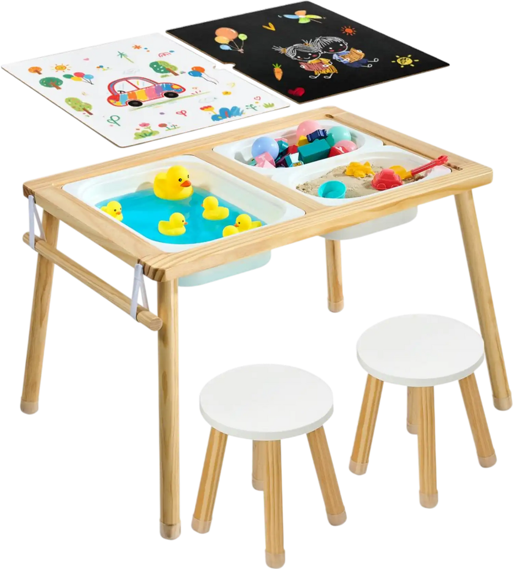 VEVOR Sensory Table for Toddlers, Wooden Kids Activity Table with 2 Stools, Double-Sided Board, Storage Bins, and Non-Slip Feet, for Boys and Girls Playing Sand and Water, Drawing, Studying, Dining
