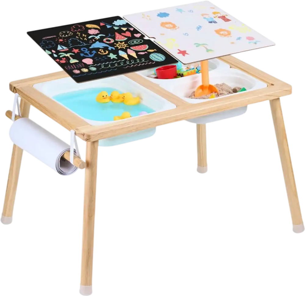 VEVOR Sensory Table for Toddlers, Kids Activity Table with 3 Foldable Storage Bins & Paper Roll Holder, Indoor/Outdoor Play Sand and Water Table, Wooden Kids Sensory Drawing Table, Gift for Boys Girls