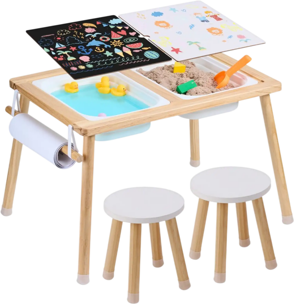 VEVOR Sensory Table and Chairs Set, Toddlers Activity Table with 2 Stools, 2 Storage Bins & Paper Roll Holder, Indoor/Outdoor Play Sand and Water Table, Wooden Kids Sensory Table - Gift for Boys Girls