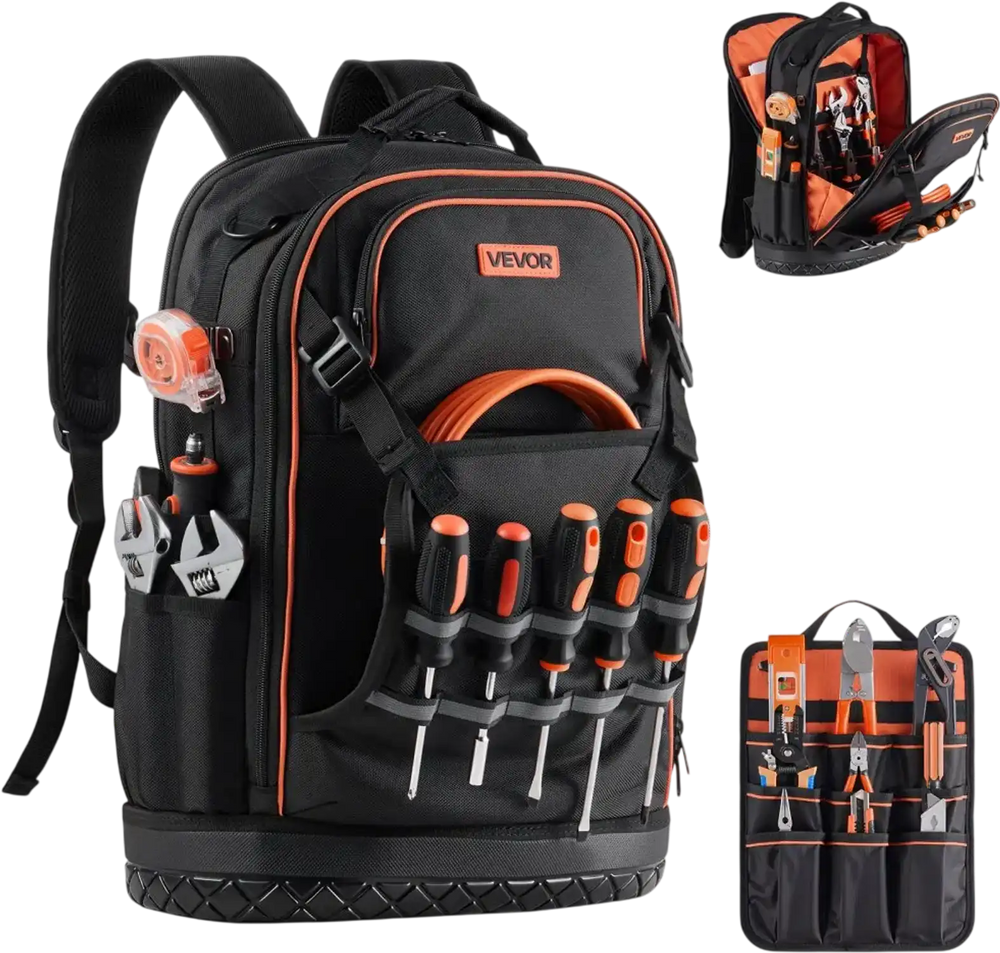 VEVOR Tool Backpack, 65 Pockets, Heavy-duty Tools Storage Organizer Work Bags with Laptop Compartment & Molded Base, Electrician Jobsite Backpack for Electrician, Repairman, and HVAC Techs