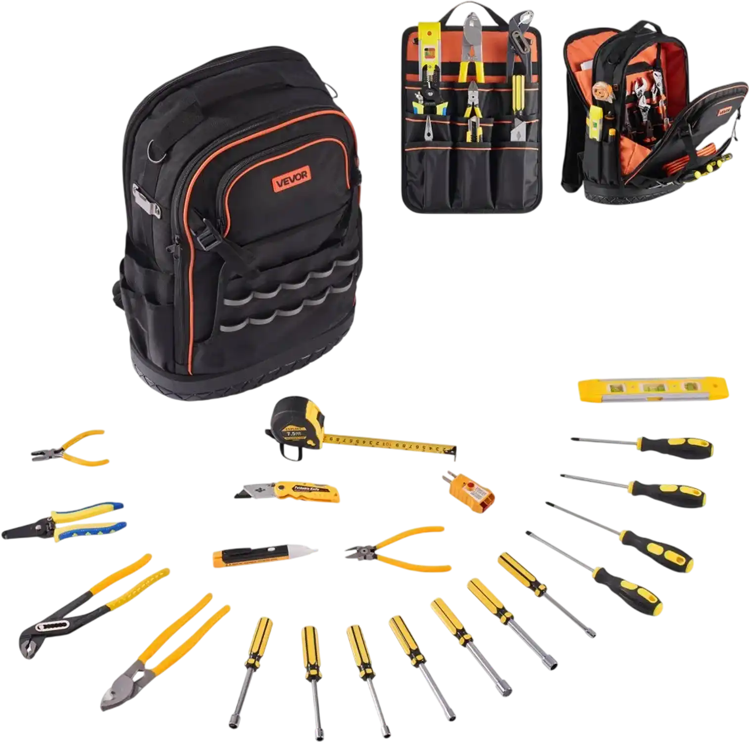 Vevor Tool Backpack Heavy-Duty 65-Pocket Jobsite Organizer with 21-Piece Tool Set New