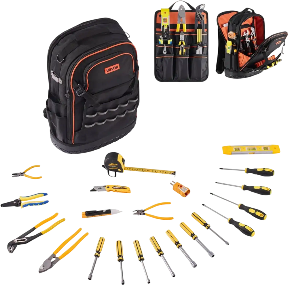 VEVOR Tool Backpack with Tools, 65 Pockets, Heavy-duty Tools Storage Organizer Bags with Laptop Compartment & Molded Base, Electrician Jobsite Backpack for Electrician, Repairman, and HVAC Techs
