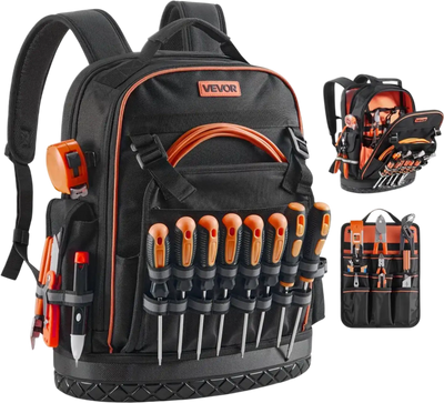VEVOR Tool Backpack, 64 Pockets, Heavy-duty Tools Storage Organizer Work Bags with Laptop Compartment & Molded Base, Electrician Jobsite Backpack for Electrician, Repairman, and HVAC Techs