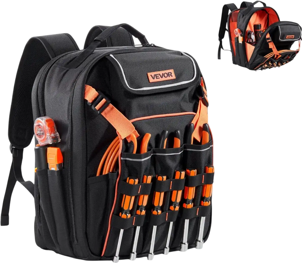 VEVOR Tool Backpack, 45 Pockets, Heavy-duty Tools Storage Organizer Work Bags with Laptop Compartment & Reinforced Fabric Basee, Electrician Jobsite Backpack for Electrician, Repairman