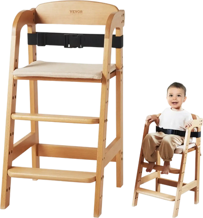 Vevor High Chair Adjustable Wooden Baby Feeding Chair Natural New