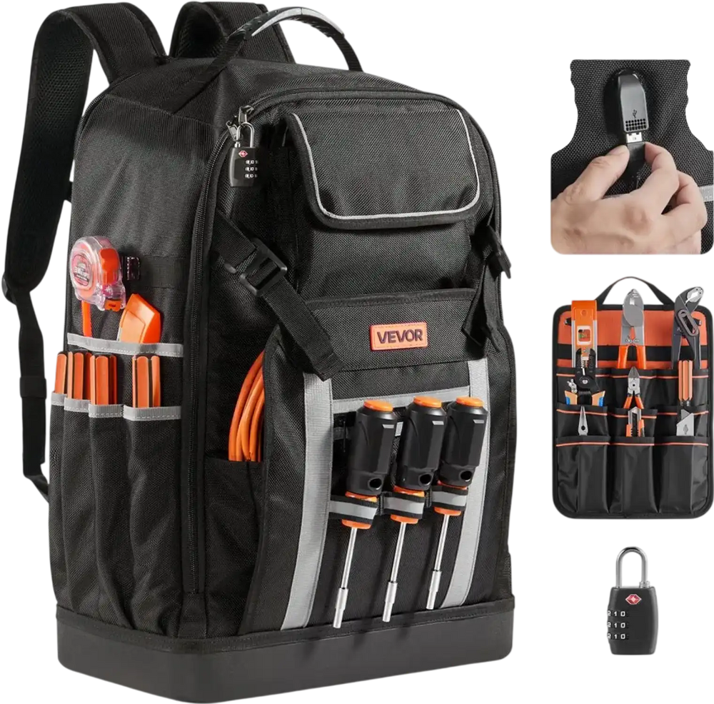 VEVOR Tool Backpack, 56 Pockets, Heavy-duty Tools Storage Organizer Bags with Molded Base, Electrician Jobsite Backpack for Construction Jobsite, Electrician, Industrial, Repairman, and HVAC Techs