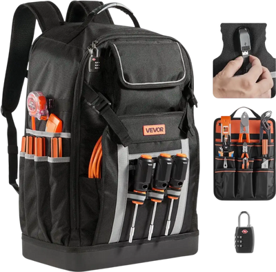 VEVOR Tool Backpack, 56 Pockets, Heavy-duty Tools Storage Organizer Bags with Molded Base, Electrician Jobsite Backpack for Construction Jobsite, Electrician, Industrial, Repairman, and HVAC Techs