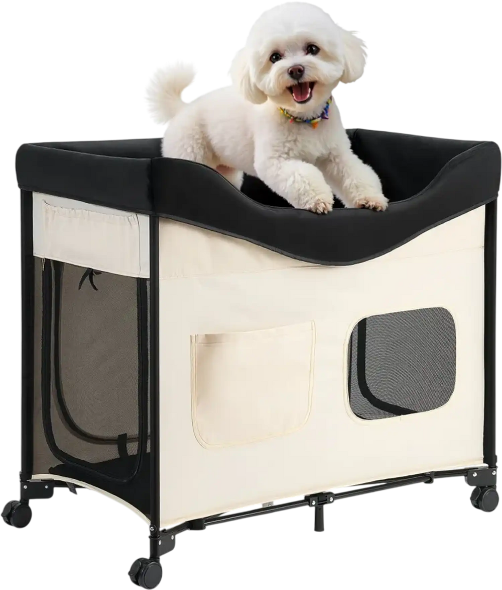 VEVOR Elevated Lounge Pet Bed, Foldable Bunk Dog Bed with 600D Oxford Cloth and Dutch Velvet, Portable Raised Cot with Wheels, Side Storage Bags, and Carry Bag for Cats & Dogs, L, Beige