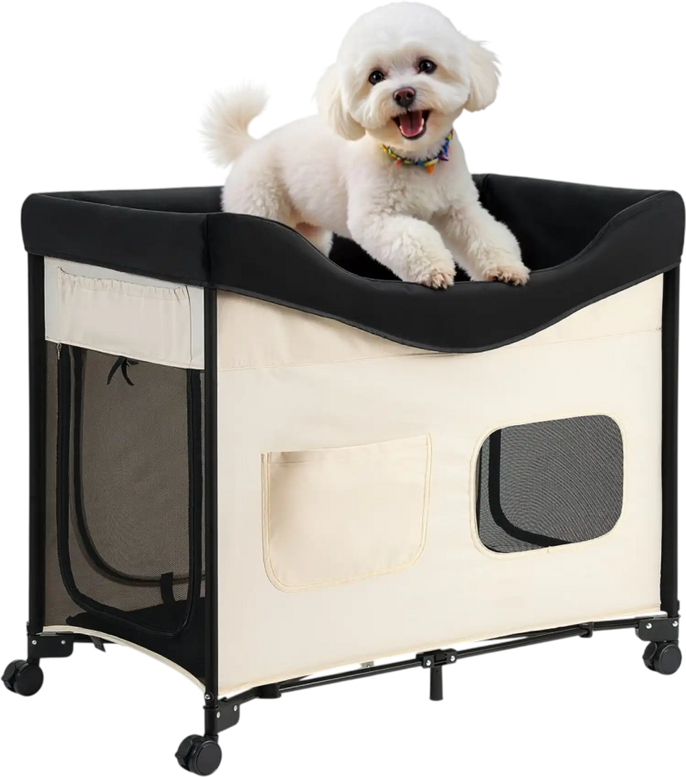 VEVOR Elevated Lounge Pet Bed, Foldable Bunk Dog Bed with 600D Oxford Cloth and Dutch Velvet, Portable Raised Cot with Wheels, Side Storage Bags, and Carry Bag for Cats & Dogs, XL, Beige