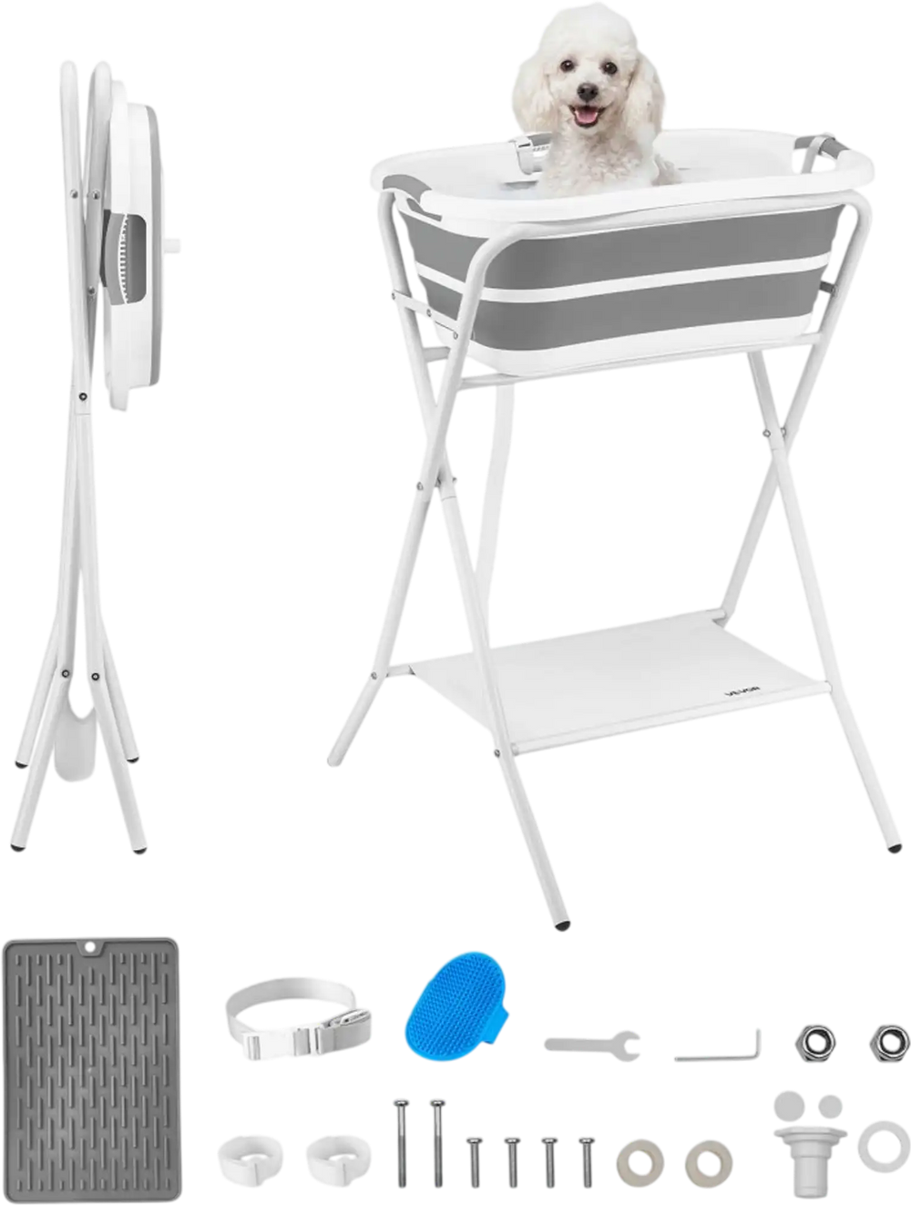 VEVOR Dog Bathtub, Elevated Dog Bath Tub, 2 in 1 Collapsible Pet Bathing Grooming Wash Station, Portable Foldable Space-saving, Built-in Drain Outlet with Drain Hose for Small Pet Cat, Gray & White