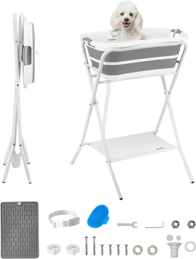 VEVOR Dog Bathtub, Elevated Dog Bath Tub, 2 in 1 Collapsible Pet Bathing Grooming Wash Station, Portable Foldable Space-saving, Built-in Drain Outlet with Drain Hose for Small Pet Cat, Gray & White