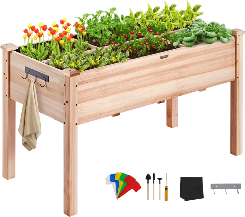 VEVOR Raised Garden Bed, 3.9 x 1.9 x 2.5 ft Wooden Planter Box, Elevated Outdoor Planting Boxes with Legs, for Growing Flowers/Vegetables/Herbs in Backyard/Garden/Patio/Balcony, Burlywood