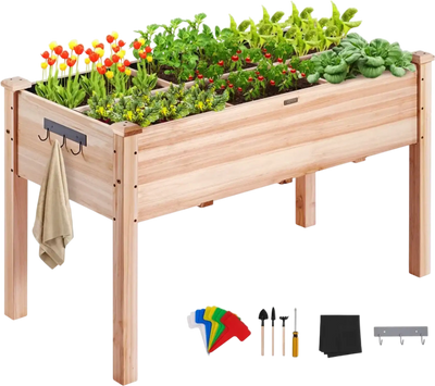 VEVOR Raised Garden Bed, 3.9 x 1.9 x 2.5 ft Wooden Planter Box, Elevated Outdoor Planting Boxes with Legs, for Growing Flowers/Vegetables/Herbs in Backyard/Garden/Patio/Balcony, Burlywood