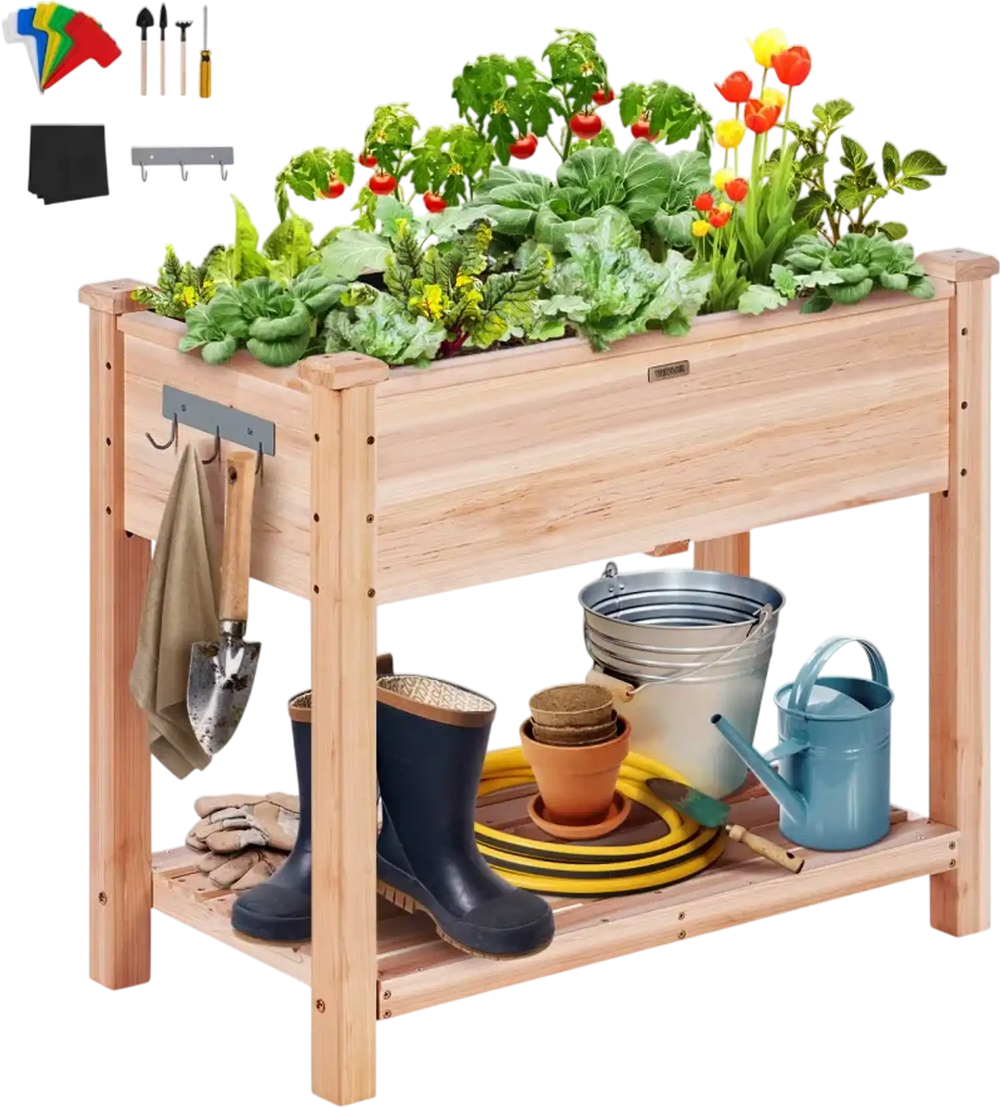 VEVOR Raised Garden Bed, 34 x 18 x 30 in Wooden Planter Box, Elevated Outdoor Planting Boxes with Legs, for Growing Flowers/Vegetables/Herbs in Backyard/Garden/Patio/Balcony, Burlywood