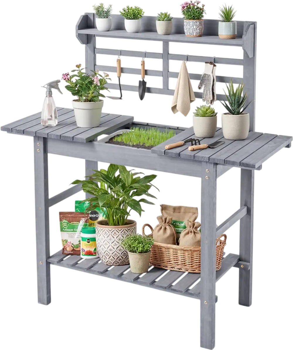 VEVOR Potting Bench Table, Outdoor Gardening Workstation with Sink, 37-55in Adjustable Wood Tabletop, Garden Work Station with Storage Shelves, Hooks for Patio, Backyard, Classic Grey