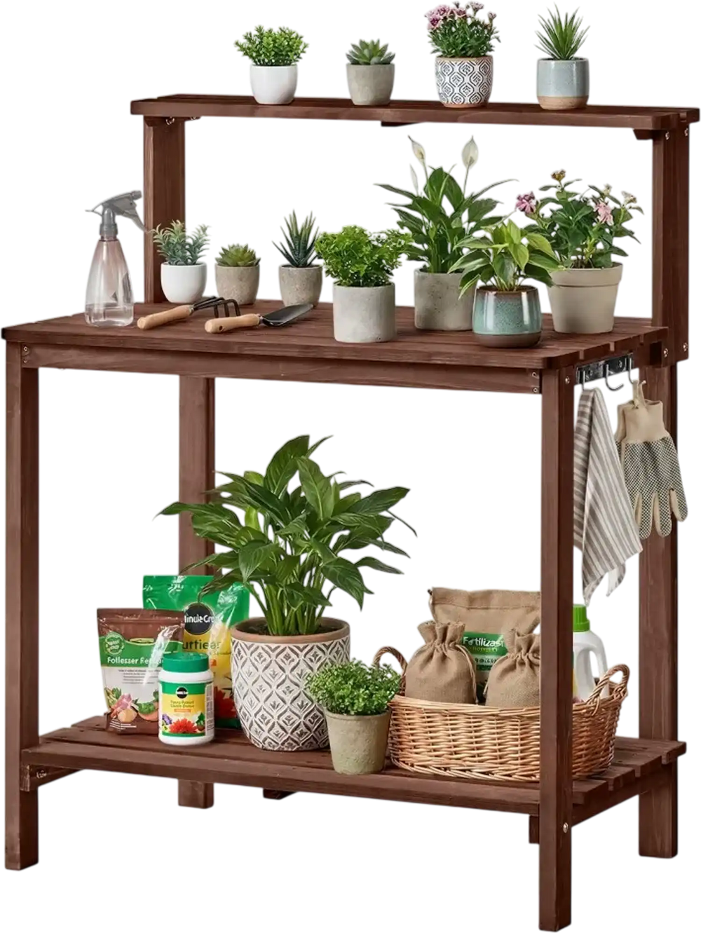 VEVOR Potting Bench Table, Outdoor Gardening Workstation with 36 x 20 in Wood Tabletop, Garden Planting Work Station with Storage Shelves, Hook for Outside Patio, Backyard, Brown