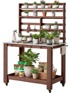 VEVOR Potting Bench Table, Outdoor Gardening Workstation with 45 x 26 in Stainless Steel Tabletop, Storage Shelves, 4 Casters, Hooks, Garden Planting Work Station for Outside Patio, Backyard, Brown