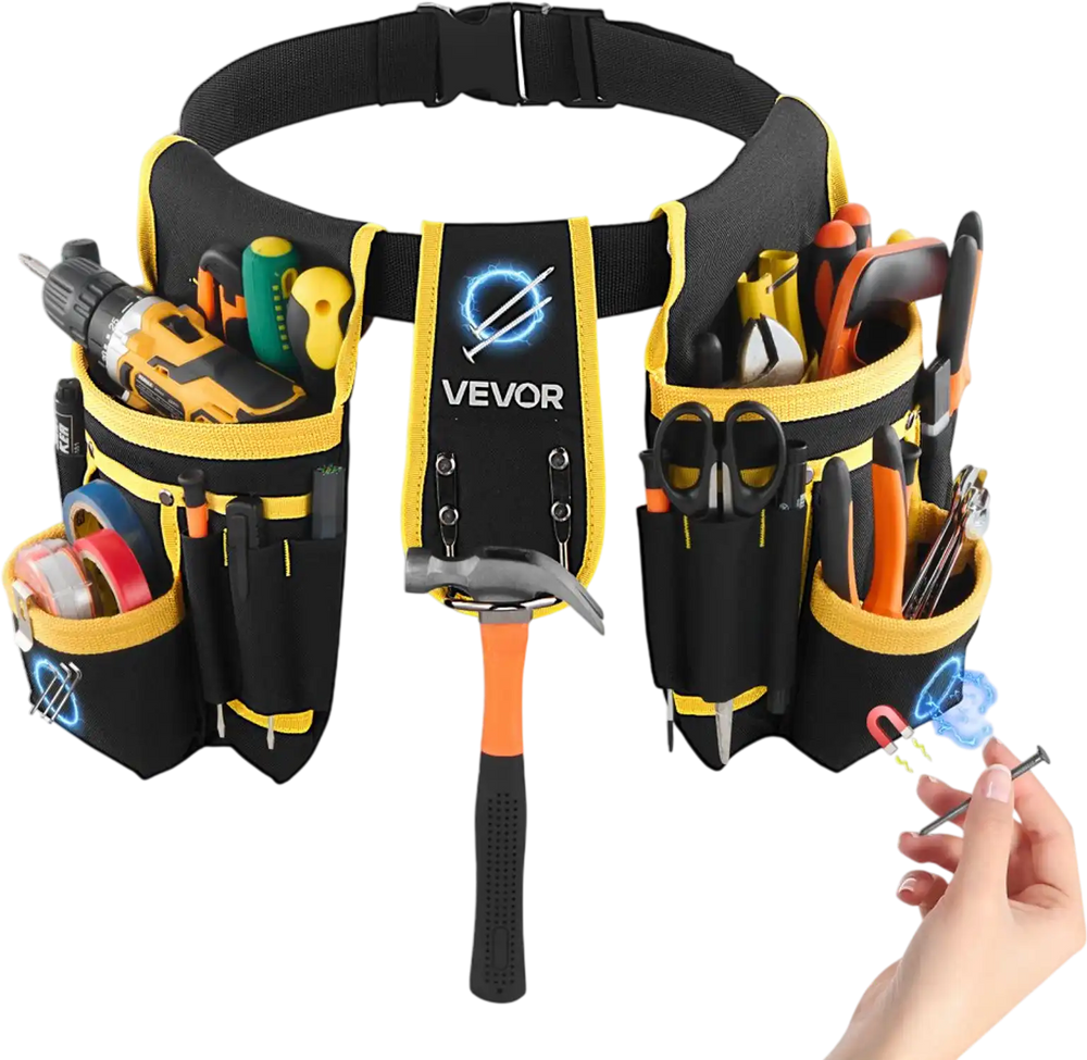 VEVOR Tool Belt, Magnetic Tool Pouch for Men, 28 Pockets Heavy Duty Adjustable Utility Belt Detachable Work Bag for Electrician, Carpenter, Construction, Work Apron Organizer, Waist Adjust 31 to 48in