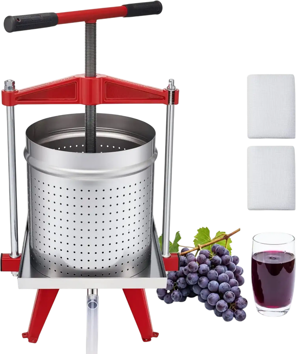 VEVOR Fruit Wine Press, 3.96Gal/15L, Stainless Steel Manual Juice Maker, Heavy Duty T-Shaped Handle & Cross-beam for Cider Apple Grape Vegetable Press, with 2 Filter Bags, for Kitchen Home Brewing