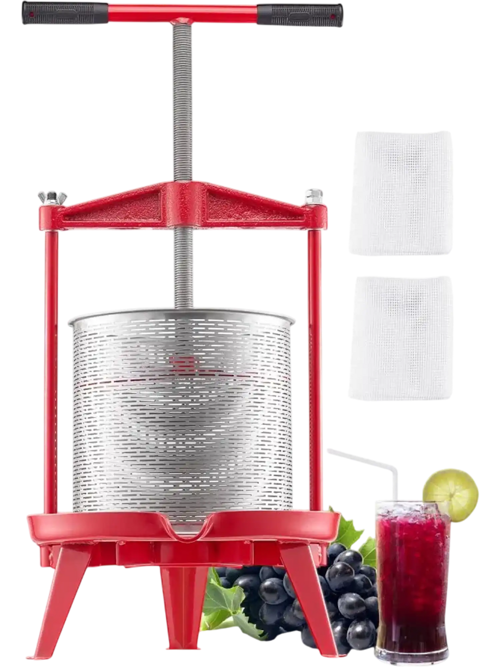 VEVOR 3.69 Gal/14L Fruit Wine Press, Stainless Steel Basket with Cross-beam and Triangular Structure, Manual Juice Maker, Cider Apple Grape Tincture Making Press with T-Handle for Kitchen Home