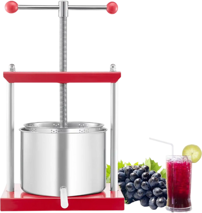 VEVOR 1.6 Gal/6L Fruit Wine Press, 2 Stainless Steel Barrels, Manual Juice Maker, Cider Apple Grape Tincture Honey Olive Oil Making Press with T-Handle for Outdoor Kitchen Home
