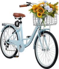 VEVOR Cruiser Bike, 7-Speed, 26-Inch Light Blue Beach Cruiser Bike with Large Capacity Basket and Rear Rack, Secure & Sturdy Cruiser Bike with Adjustable Seat, Fits for Cycling, Exercise & Shopping