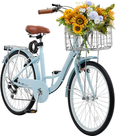 VEVOR Cruiser Bike, 7-Speed, 26-Inch Light Blue Beach Cruiser Bike with Large Capacity Basket and Rear Rack, Secure & Sturdy Cruiser Bike with Adjustable Seat, Fits for Cycling, Exercise & Shopping