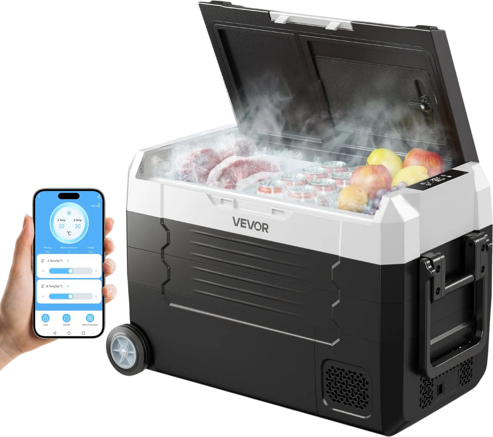 VEVOR Car Refrigerator, DC 12/24V AC100-240V Compressor Electric Cooler, -4°F to 68°F Truck Refrigerator with APP Control, Wheels & Dual Zone, 37 QT Cars Cooler for RVs, Boats, Camping, Fishing