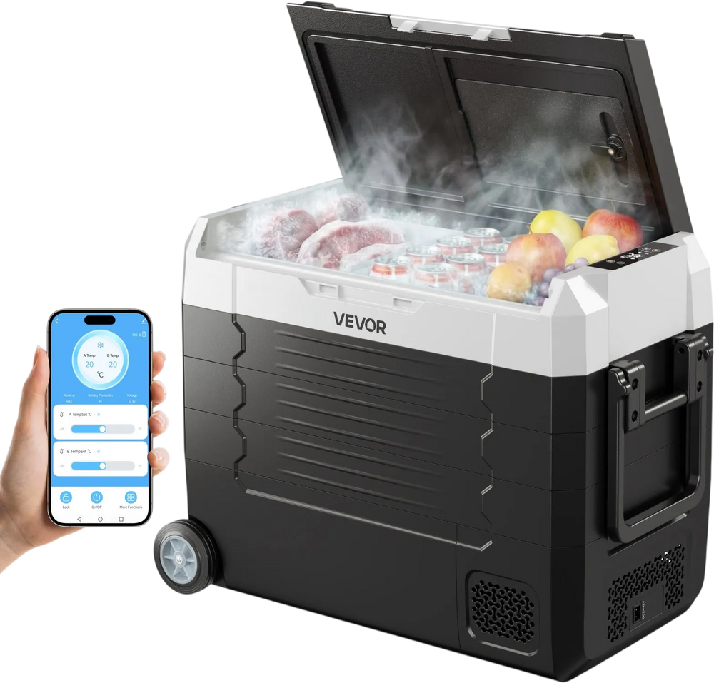 VEVOR Car Refrigerator, DC 12/24V AC100-240V Compressor Electric Cooler, -4°F to 68°F Truck Refrigerator with APP Control, Wheels & Dual Zone, 48 QT Cars Cooler for RVs, Boats, Camping, Fishing