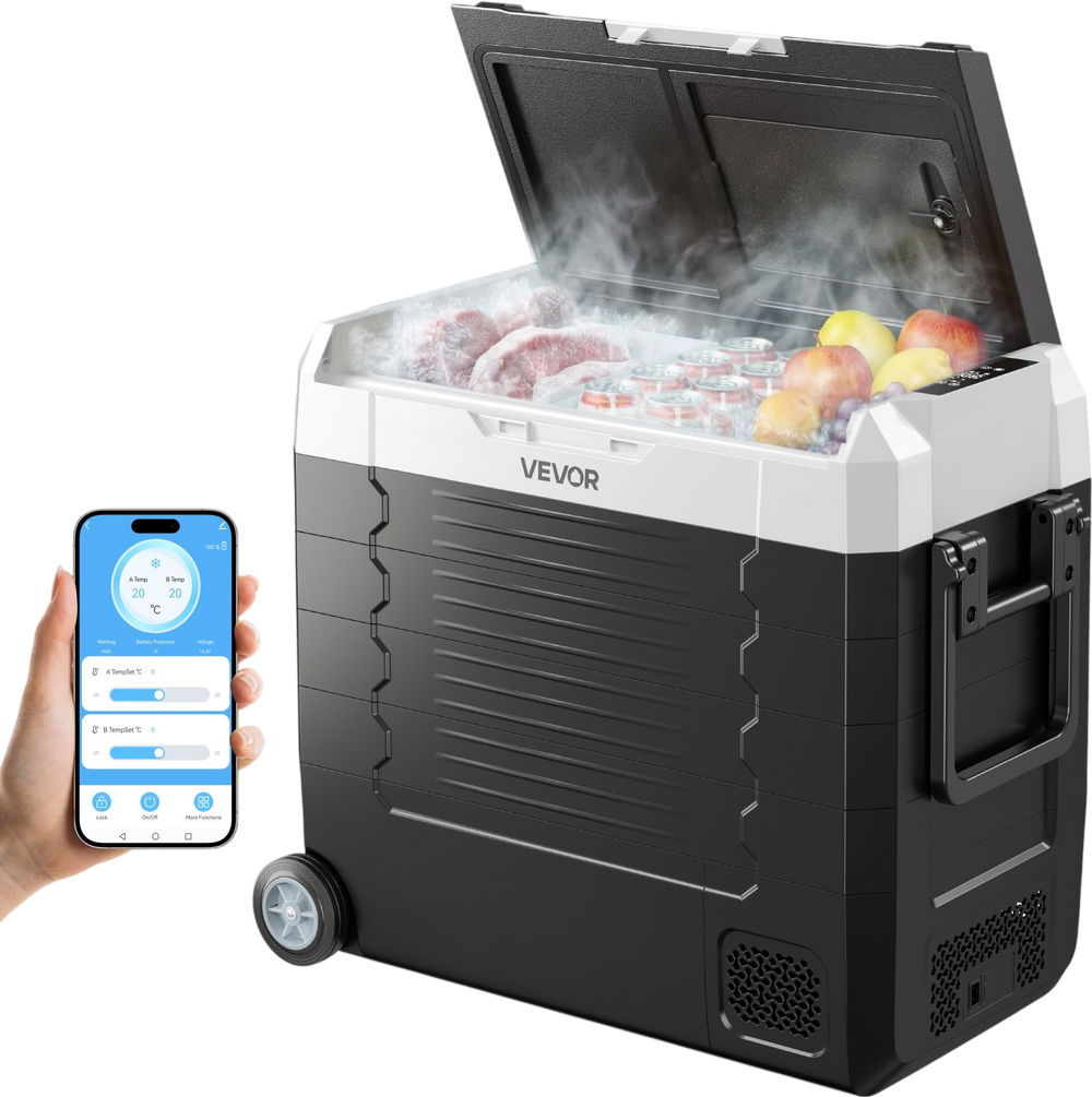 VEVOR Car Refrigerator, DC 12/24V AC100-240V Compressor Electric Cooler, -4°F to 68°F Truck Refrigerator with APP Control, Wheels & Dual Zone, 58 QT Cars Cooler for RVs, Boats, Camping, Fishing