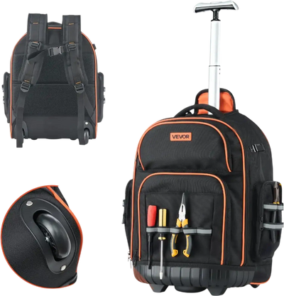 VEVOR Rolling Tool Backpack, 110 lbs Load Capacity, 45 Pockets Heavy Duty Roller Tool Bag on Wheels, Adjustable Telescoping Handle & Stable Base, Toolbag Organizers for Construction, Mechanic