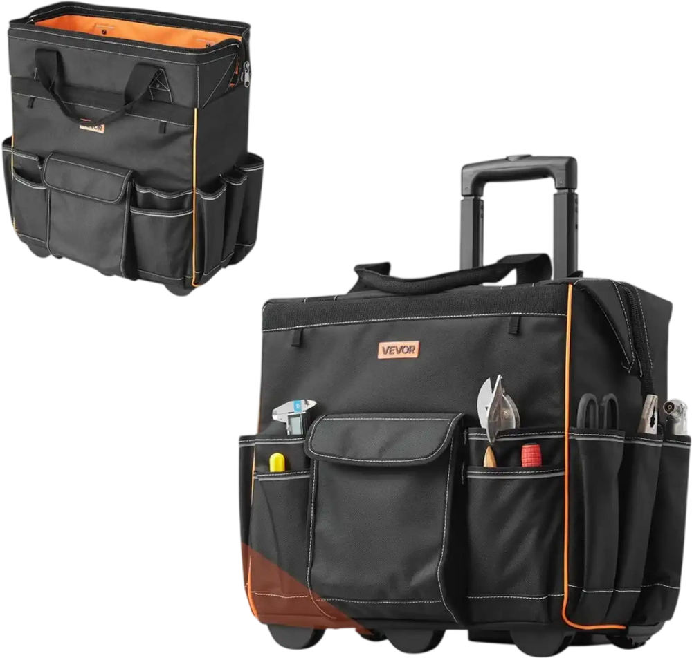 VEVOR Rolling Tool Bag, 110 lbs Load Capacity, 25 Pockets Heavy Duty Roller Tool Bag with Adjustable Telescoping Handle & Stable Base, Toolbag Organizers with Wheels for Electrician, Construction