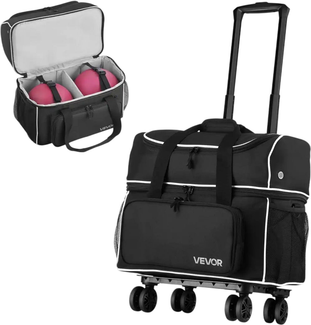 VEVOR Bowling Ball Bag, 2 Ball Four Roller Bowling Bag with Wheels, Featuring a Separate Compartment for Shoes (Up To US Size 16) & Oversized Accessory Pocket, Retractable Handle Extends to 37.4 in
