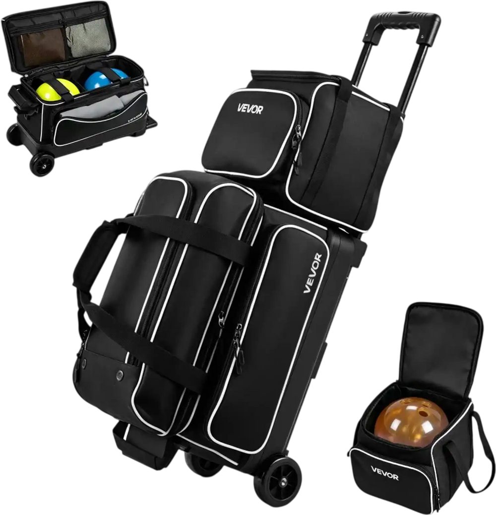 VEVOR 3 Ball Bowling Bag Double Roller Bag with Separate Shoe Compartment, for Bowling Shoes (Up To US Men Size 16), Rolling Ball Bag w/ Wheel, Accessory Pocket, Retractable Handle Extends to 40 in