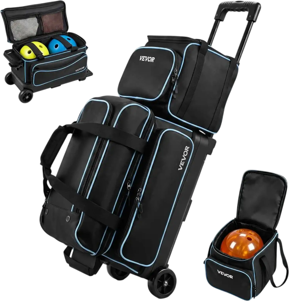 VEVOR 3 Ball Bowling Bag Double Roller Bag with Separate Shoe Compartment, for Bowling Shoes (Up To US Men Size 16), Rolling Ball Bag w/ Wheel, Accessory Pocket, Retractable Handle Extends to 40 in