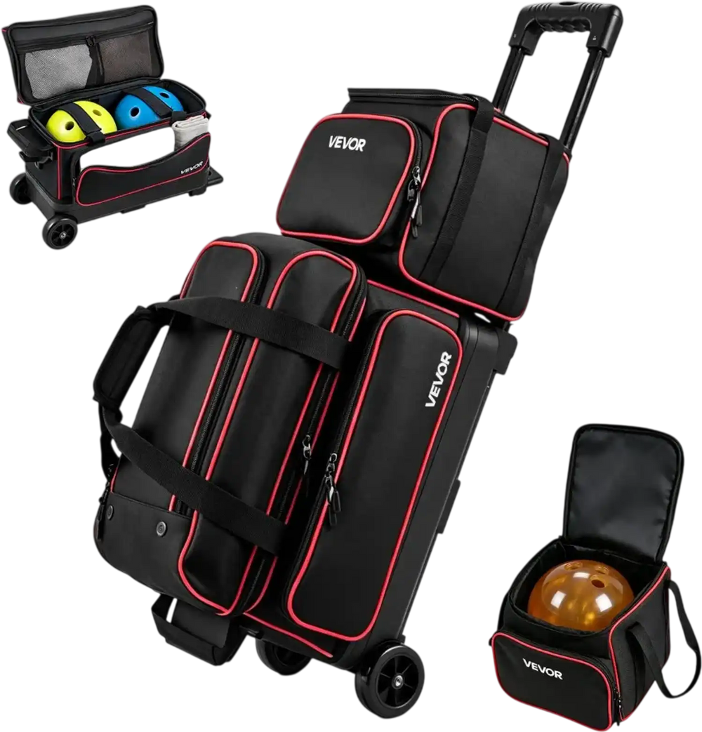 VEVOR 3 Ball Bowling Bag Double Roller Bag with Separate Shoe Compartment, for Bowling Shoes (Up To US Men Size 16), Rolling Ball Bag w/ Wheel, Accessory Pocket, Retractable Handle Extends to 40 in