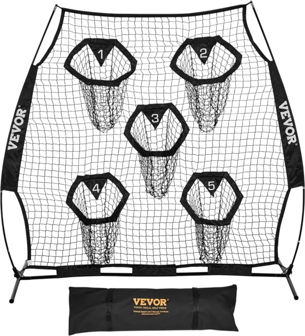VEVOR 6 x 6 ft Football Trainer Throwing Net, Training Throwing Target Practice Net with 5 Target Pockets, Knotless Net Includes Straps and Portable Carry Case, Improve QB Throwing Accuracy, Black